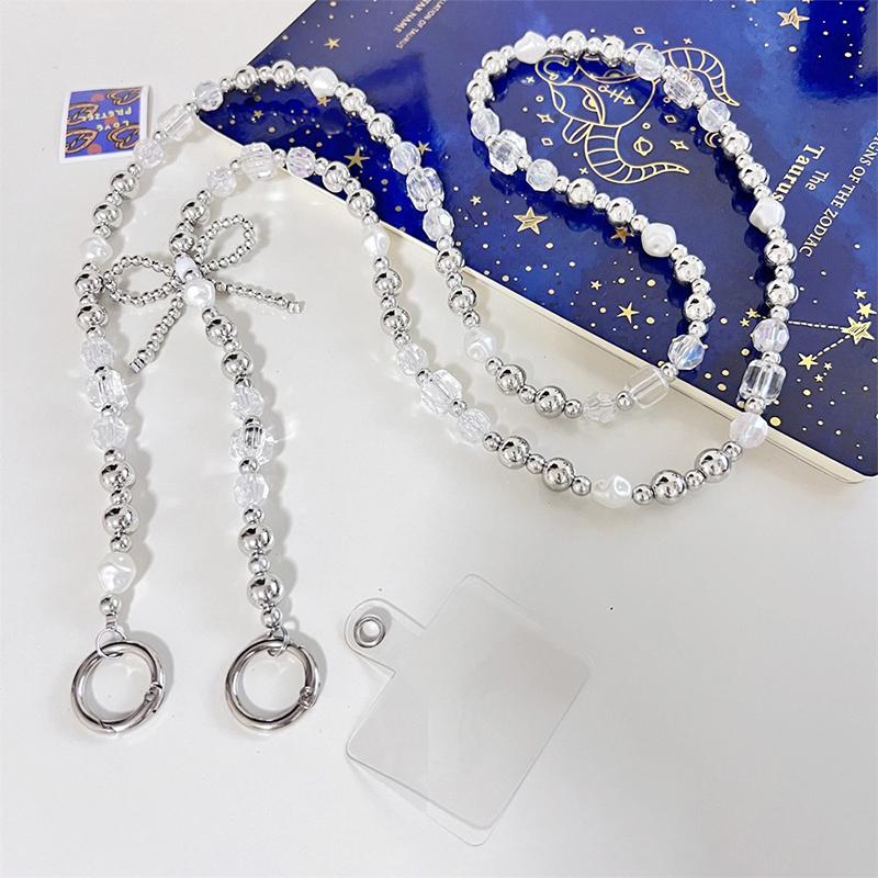 Ремешок для мобильного телефона, шнурок через плечо, бант, серебряные бусины, цепочка для телефона для iPhone, Samsung, Xiaomi, анти-потеря, шейный шнур, подвесной шнур