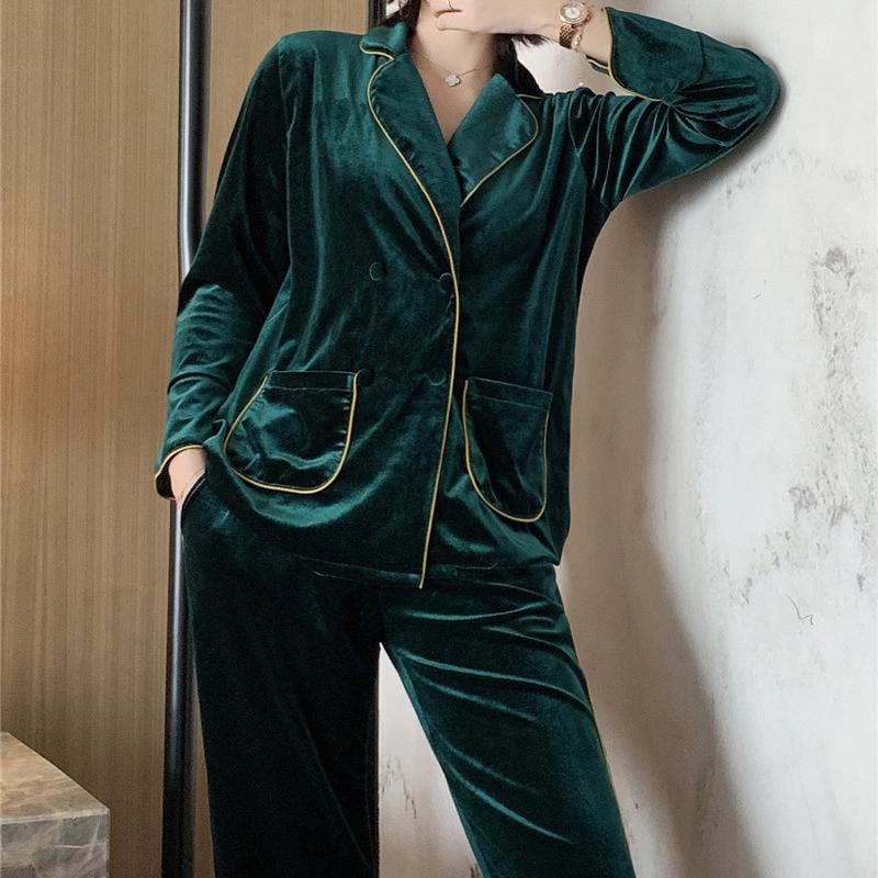 Золотая бархатная пижама, женская винтажная элегантная корейская шикарная одежда для сна с отложным воротником, базовая повседневная зимняя теплая домашняя одежда, тренд