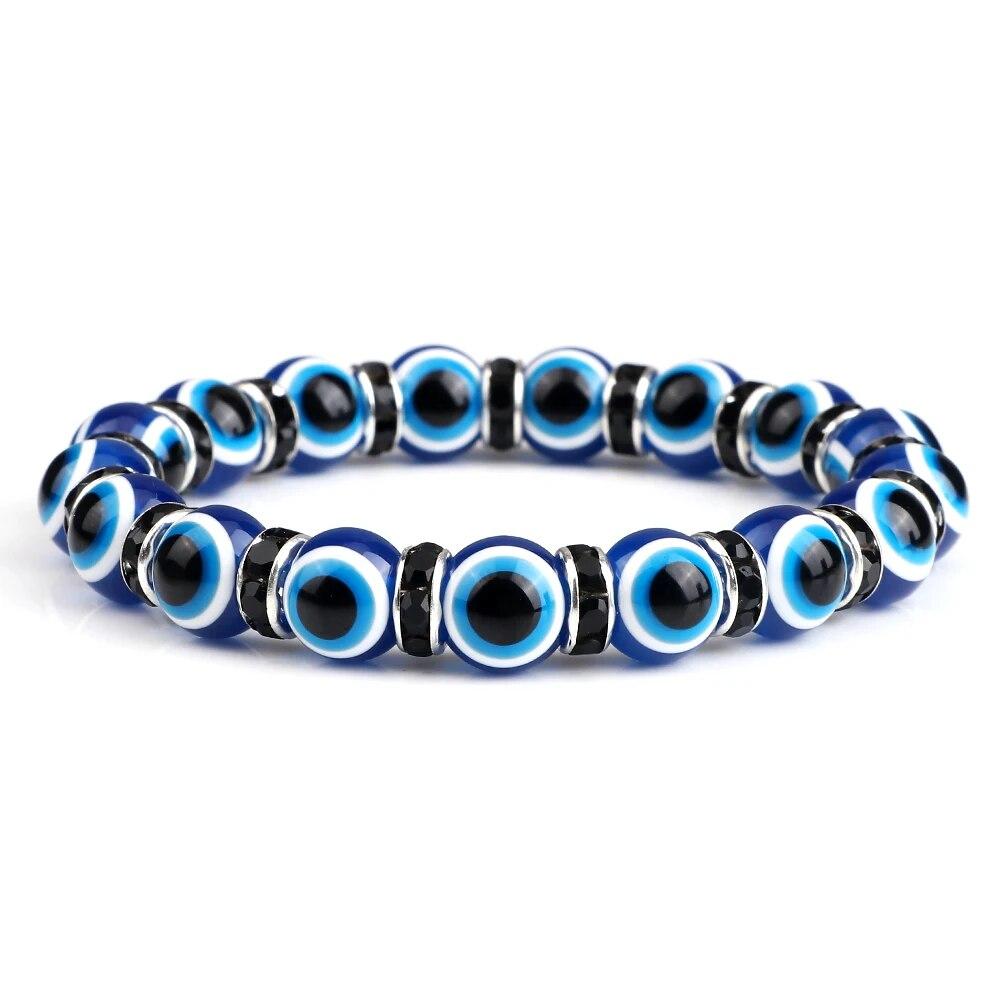 10mm Lucky Blue Evil Eye Bracelet Palm Butterfly Owl Elephant Pendant Charm Crystal Resin Beaded Bracelets for Women Men Jewelry