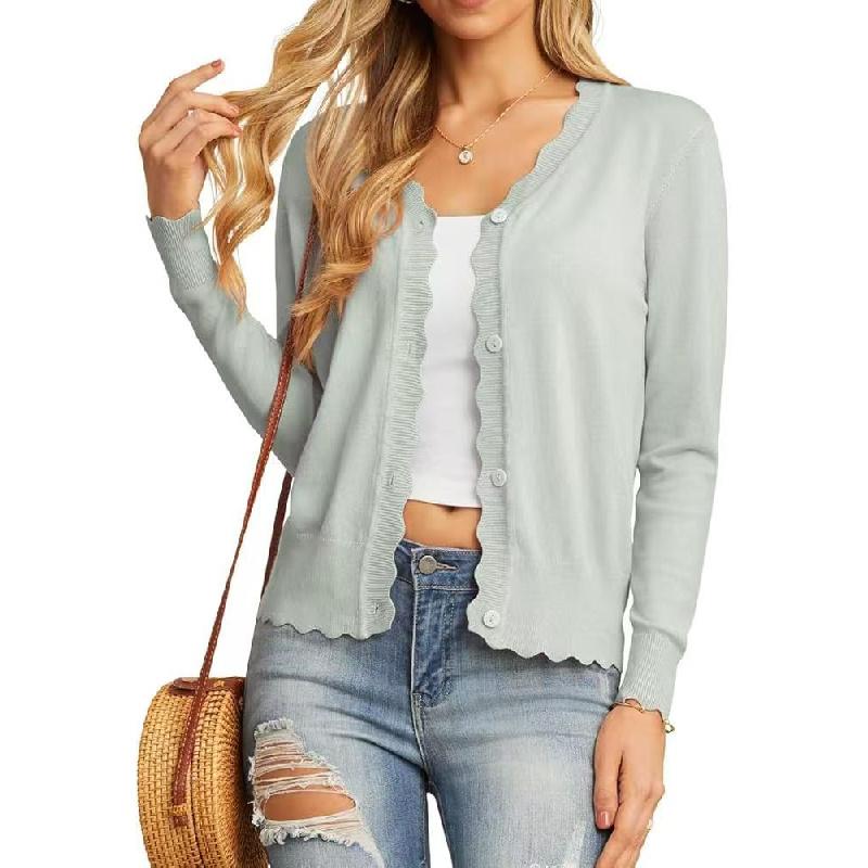 Women's Sweater for Spring and Autumn with Ruffled V-Neck and Buttoned Knit Cardigan Top