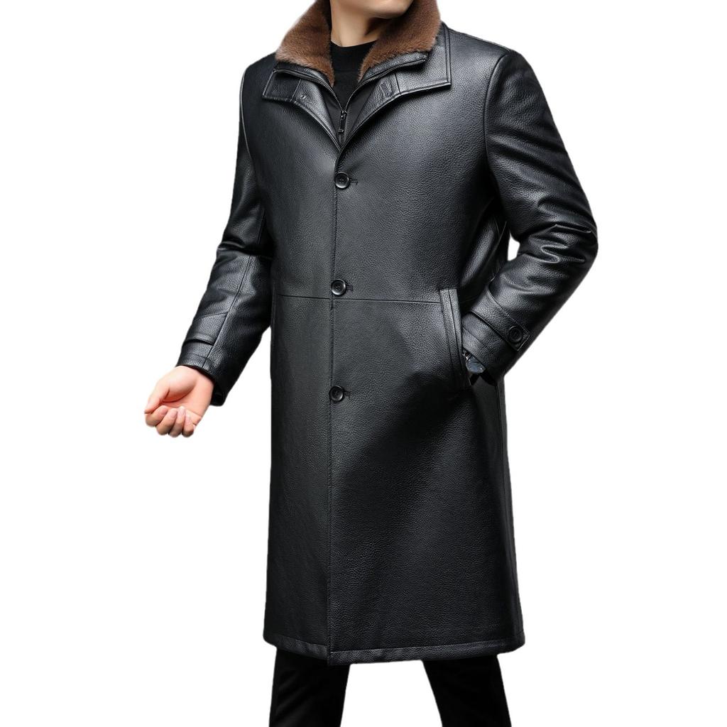 Leather Coat with Velvet and Thickening for Middle-aged Men with Removable Inner Liner, Long Fur All-in-one Genuine Leather Fur Coat