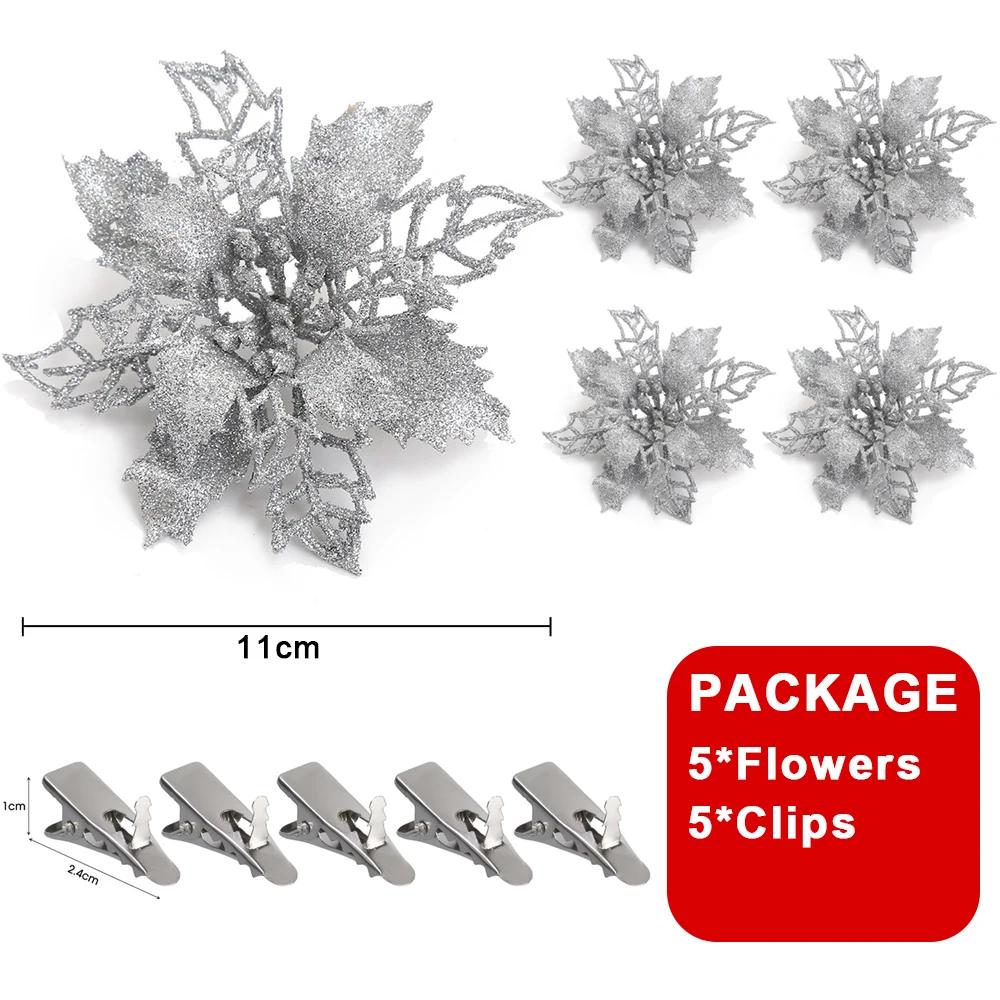 5/1Pcs Christmas Glitter Artificial Flowers DIY Christmas Tree Hanging Ornaments Fake Flower For Xmas New Year Party Decor Gifts