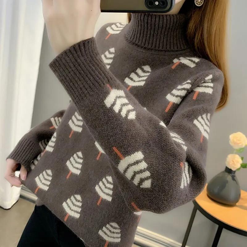 Свитер с высоким воротником и принтом для женщин, осенне-зимний жаккардовый вязаный нижний свитер для женской зимней одежды