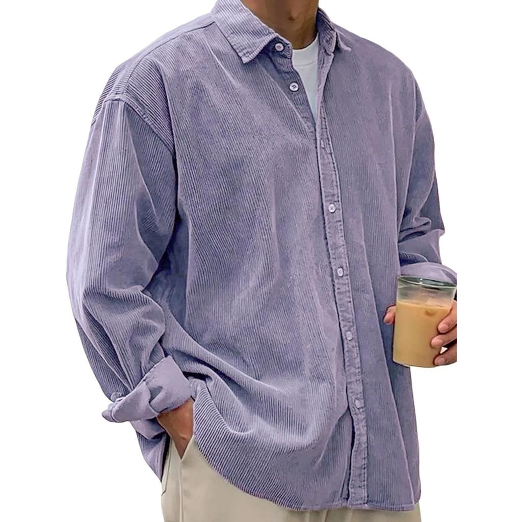 Men's Casual Solid-color Corduroy Button Shirt, Men's Long-sleeved Trendy Loose Square-neck Thick Shirt