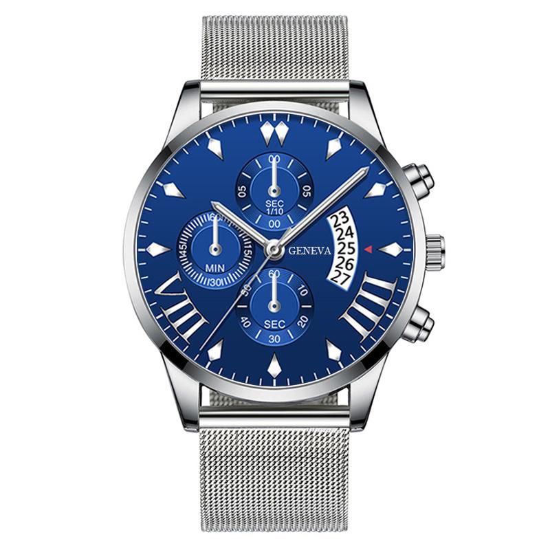 Модные мужские часы-календарь с тремя стрелками, мужские часы, сетчатый ремешок из нержавеющей стали, миланский ремешок