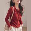 Retro Lapel Soft Waxy Sweater Women's Autumn New Lazy Style Red Long-sleeved Knitted Cardigan Top