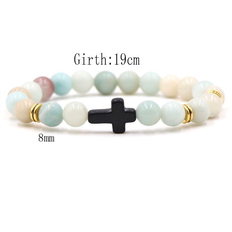 8MM Bright Frosted Stone Cross Bracelet Muticolor Beads Bangle for Women Men Fashion Pray Bracelets Jewelry Elastic Rope