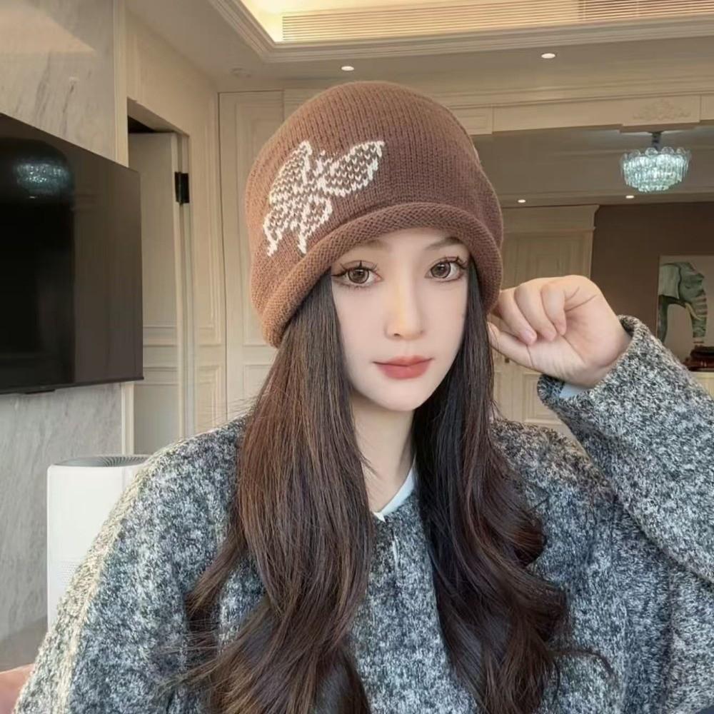 Butterfly Pattern Drawstring Beanie Cap Windproof Ear Protection Hat Knitted Woolen Hat for Women