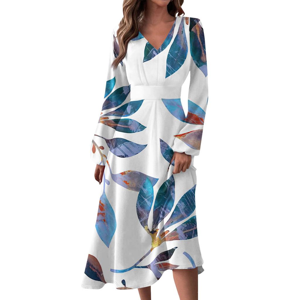 Женское осенне-зимнее повседневное модное длинное платье с v-образным вырезом и длинным рукавом с принтом дефолиации