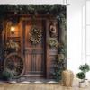 Brown Wooden Door Shower Curtain Farm Barn Floral Plant Wood Wheels Polyester Fabric Home Bathroom Curtains Decor with Hooks