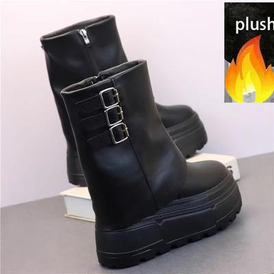 Мода 12 см Женские ботинки Теплые из натуральной кожи Осень Зима Мотоциклетные ботильоны Платформа Супер толстая подошва Обувь