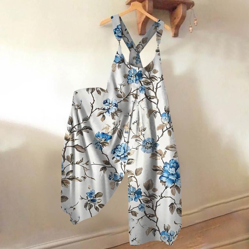 Wide Leg Overalls For Women Casual Loose Sleeveless Jumpsuits Retro Print Metal Button Long Pant Romper Jumpsuit With Pockets