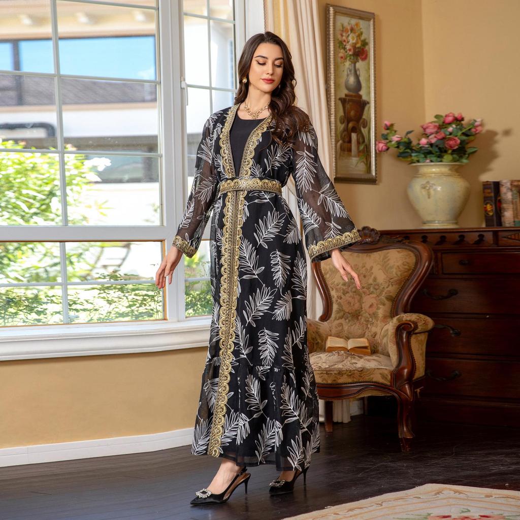 AB363 Дубай Ид аль-Адха Сет из двух предметов: мусульманское платье пэчворк с сетчатой вышивкой