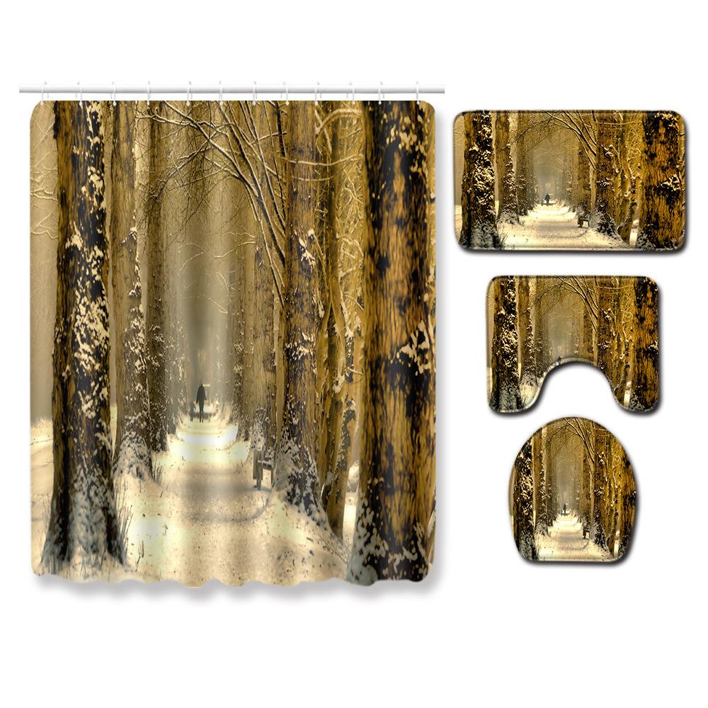 Landscape Shower Curtain Floor Mat Combination Four-Piece Set Bathroom Toilet Carpet Shower Room Mat Foot Mat