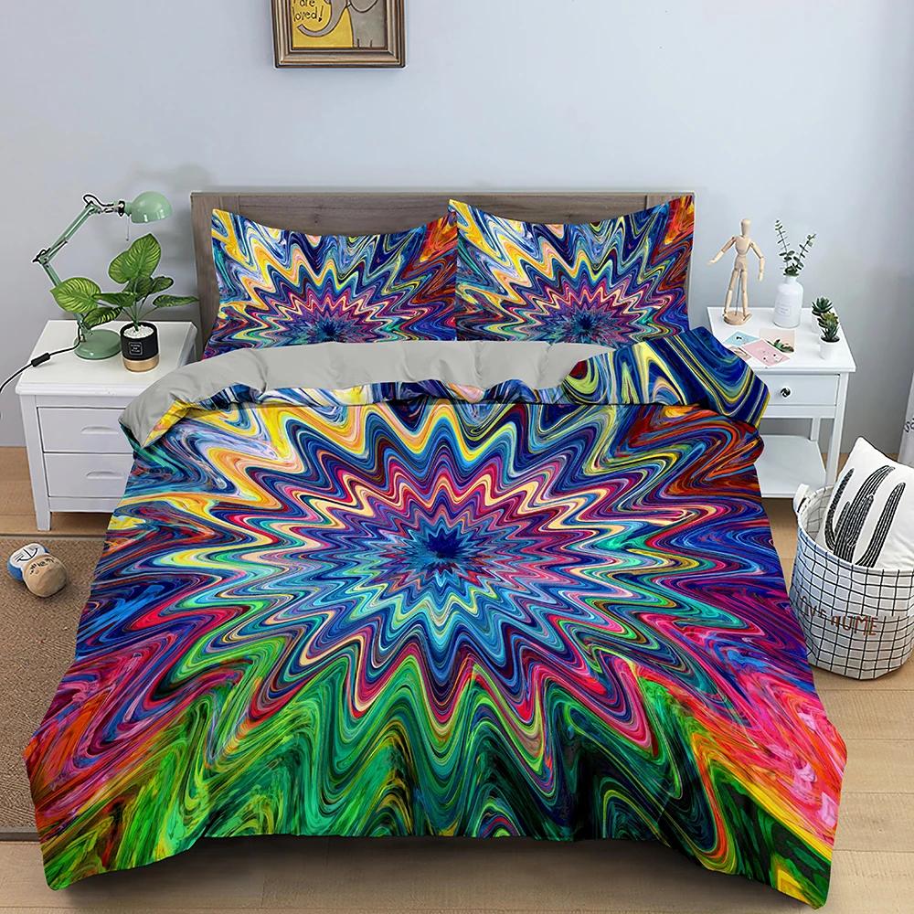 3D Abstract Duvet Cover King Queen Size Colorful Ripple Bedding Set Psychedelic Geometric Soft Comforter Cover with Pillowcase