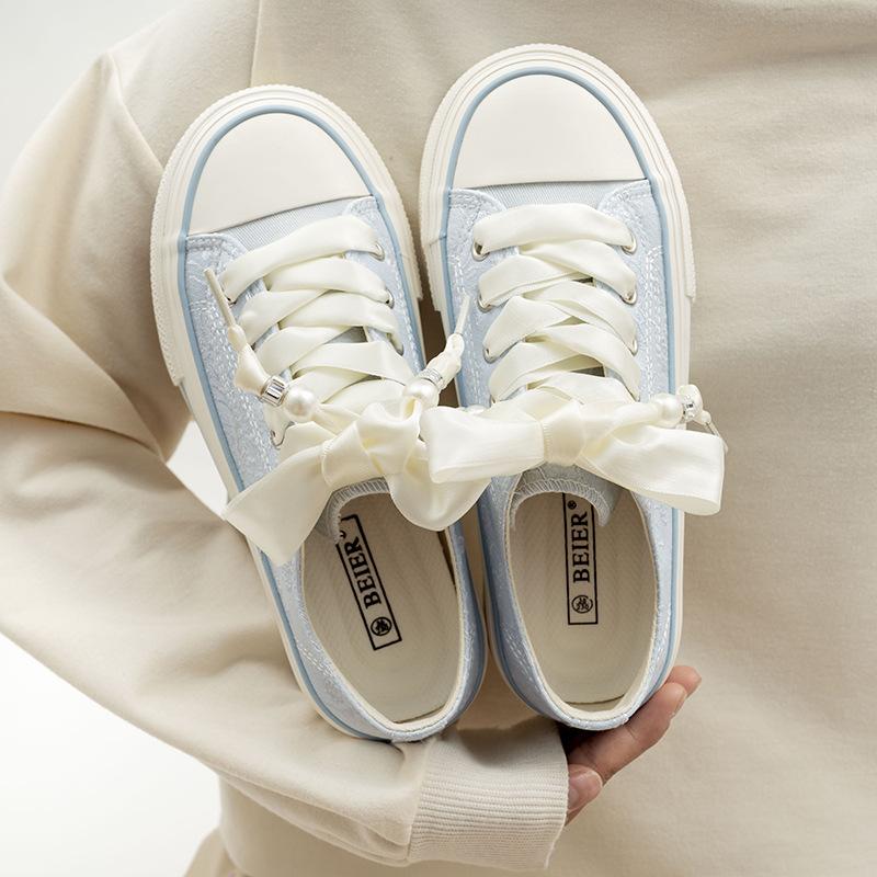 Женские 2025 Новые Корейские Бандажные Резиновые Толстая Подошва Холщовые Туфли Низкий Верх На Шнуровке Повседневные Универсальные Кроссовки на Платформе