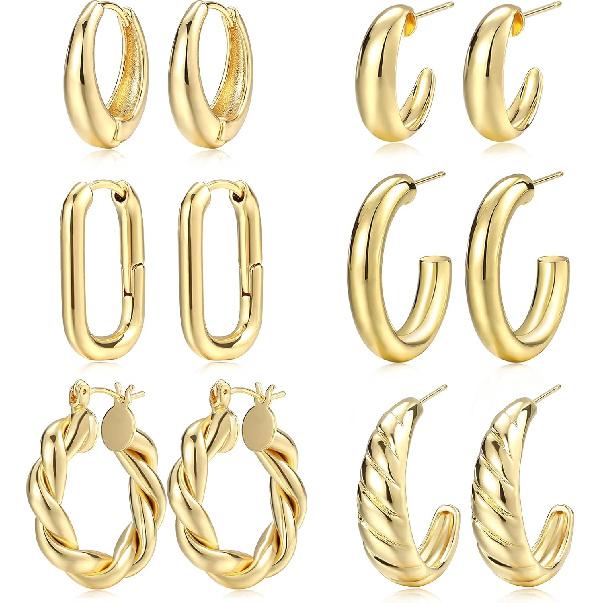 Gold Hoop Earrings Set for Women, 6 Pairs 14K Gold Plated Lightweight Hypoallergenic Chunky Open Twisted Hoops Earrings Pack Jewelry