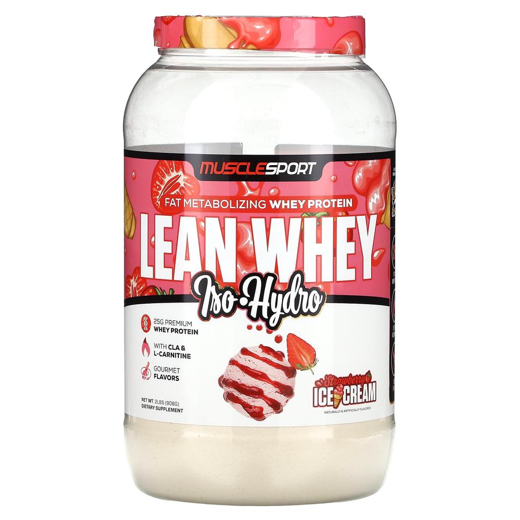 MuscleSport Lean Whey, Iso-Hydro, Strawberry Ice Cream, 2 Lb (908 G)