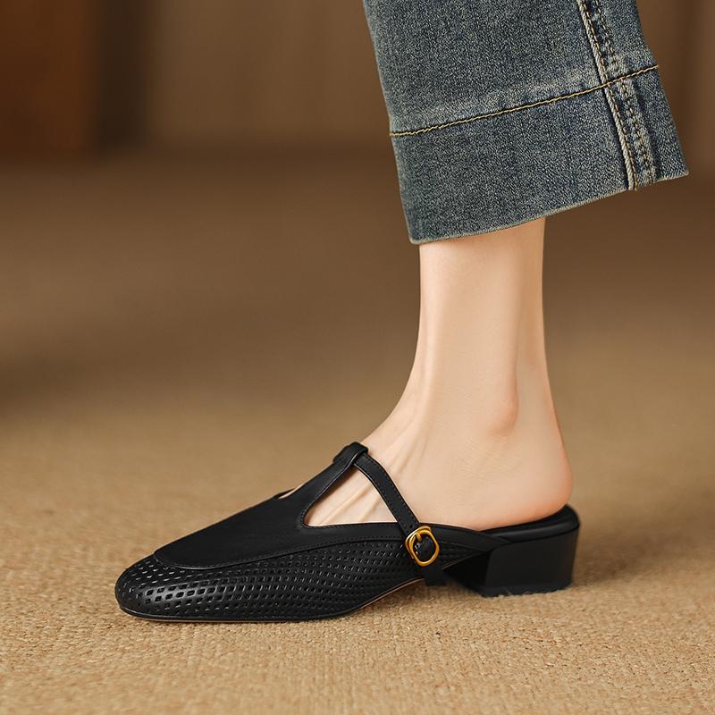 Модные женские новые летние из натуральной кожи коровьей кожи дышащие с отверстиями с круглым носком, на среднем каблуке, больших размеров с ремешком-пряжкой и повязкой на голову, шлепанцы Mueller