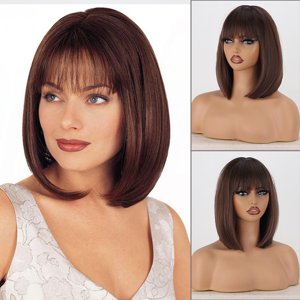 LISI HAIR Women Shoulder Length Red Wine Straight Bob Wig with Bangs Synthetic Fiber Natural Straight Bob Wig Cosplay Daily