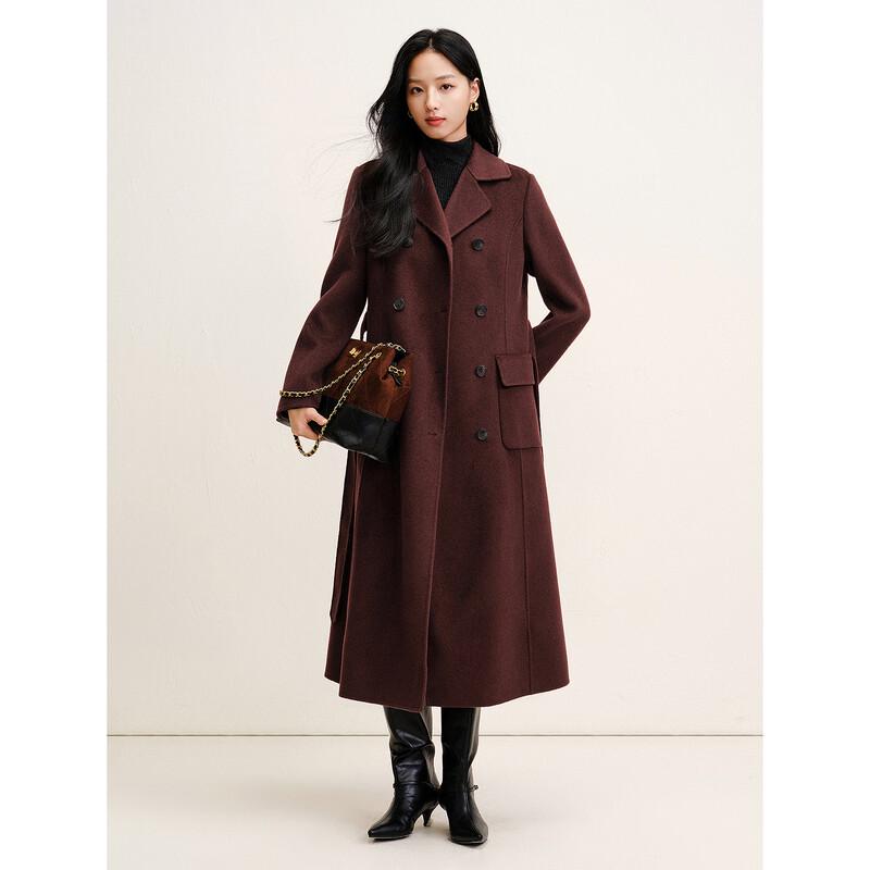 JUZUI Women's Elegant Waist-Cinching 100% Wool Long Coat