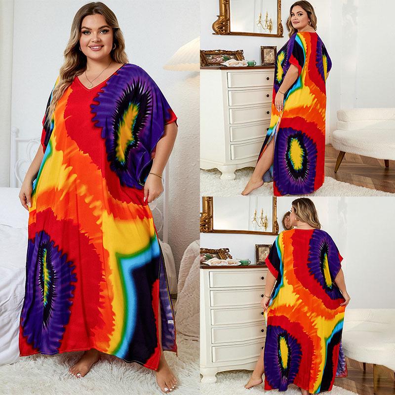 European-American Rayon Print Plus Size Beach Cover-Up Dress & Long Robe