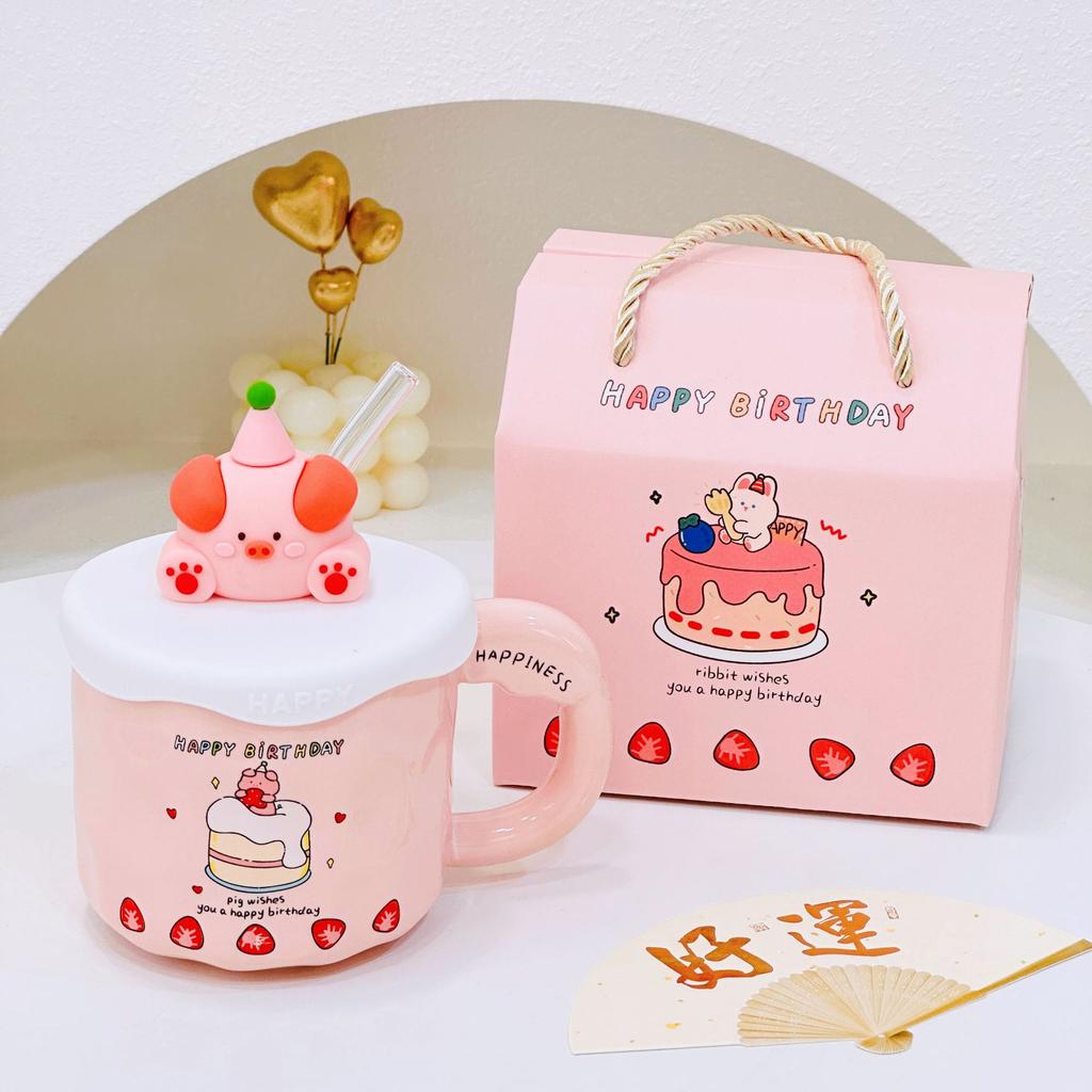 Mug Cute Cup with Lid Ceramic Breakfast Couple Coffee Cup Girl Creative Office Water Cup Straw Cup