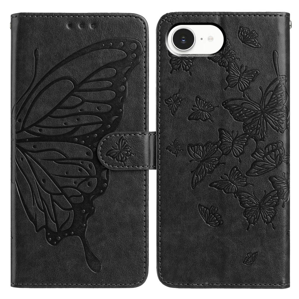 For iPhone 16e Case Butterfly Imprinted Wallet Stand PU Leather Flip Phone Cover with Strap