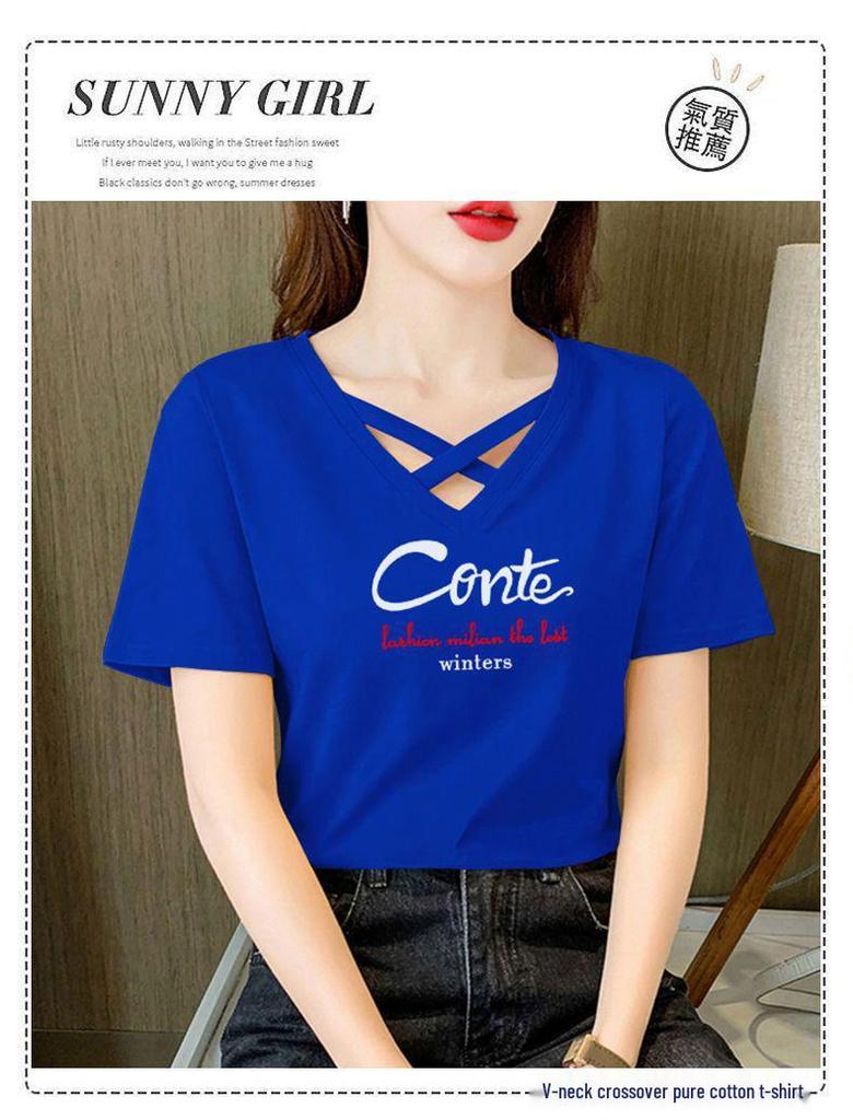 Женская футболка с коротким рукавом и V-образным вырезом с запахом из 100% чистого хлопка - Корейский повседневный летний модный тренд 2024