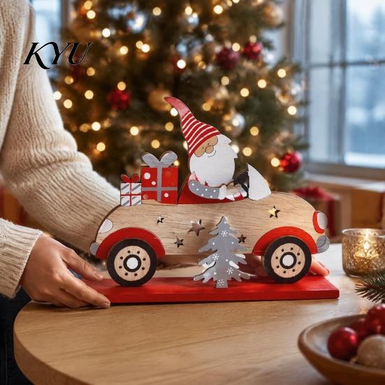 Decorative Wooden Gnome Set Vintage Santa Driving Figurine, Car Tabletop Ornament Natural Wood Christmas Craft with Tree, Festive Holiday Decor