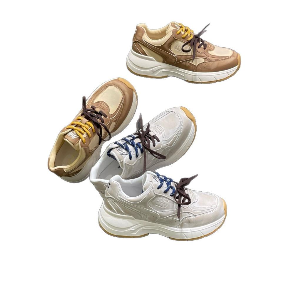 Leather Mesh Thick-soled Retro Round Head Lace-up Sneakers Women's 2025 New Breathable and Versatile Casual Forrest Gump Shoes