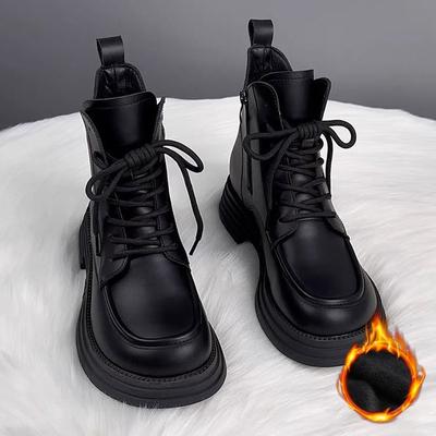 Осенне-зимние женские короткие ботинки на платформе в британском стиле для мотоциклистов с/без плюшевой шнуровки на толстой подошве, современные ботинки