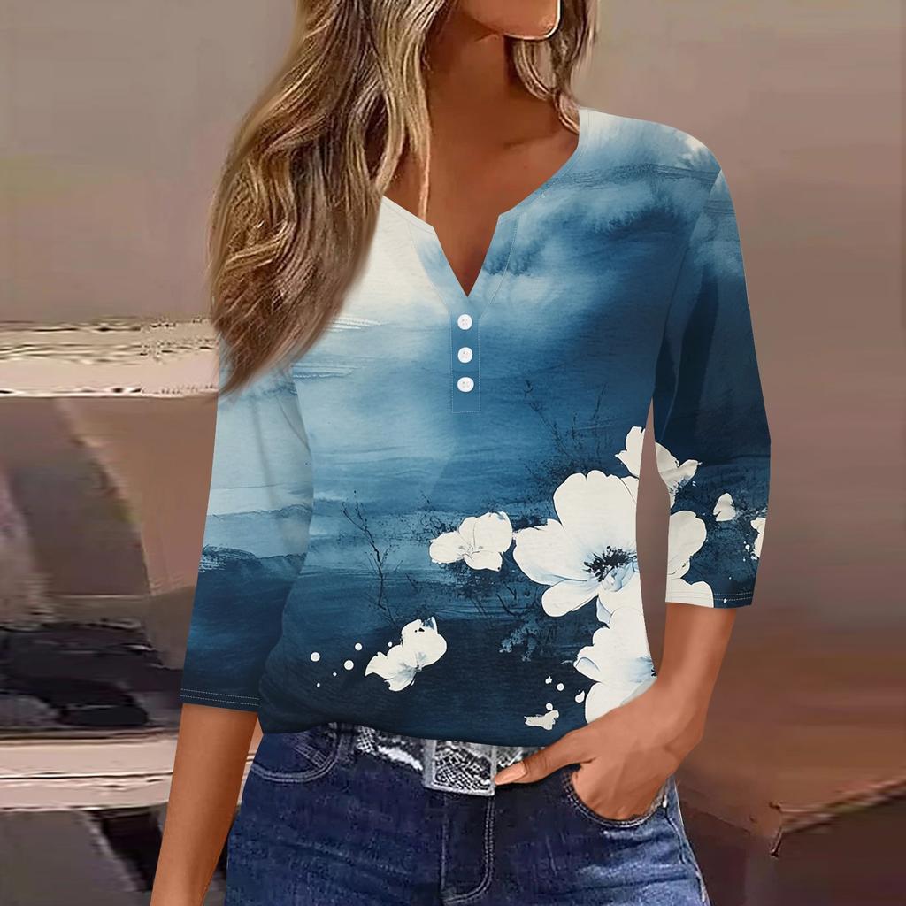 Women's Fashion Casual Floral Print V-Neck Decorative Button Three-quarter Sleeve T-Shirt Top