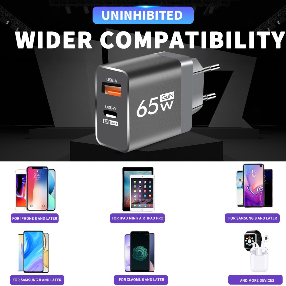 65W GaN USB C Charger Fast Charging Type C PD QC3.0 Quick Charge Mobile Phone Adapter for iPhone 14 15 Pro Xiaomi Redmi Oneplus