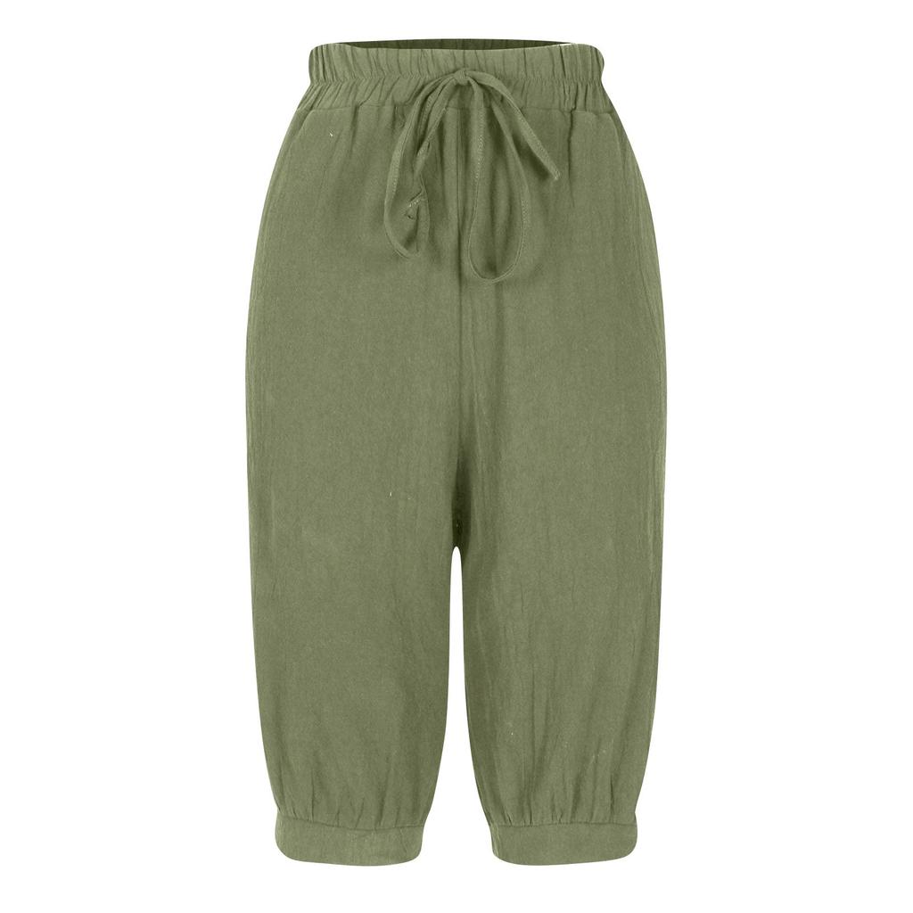 Женские модные однотонные повседневные брюки с завязками на талии и карманами длиной пять четвертей