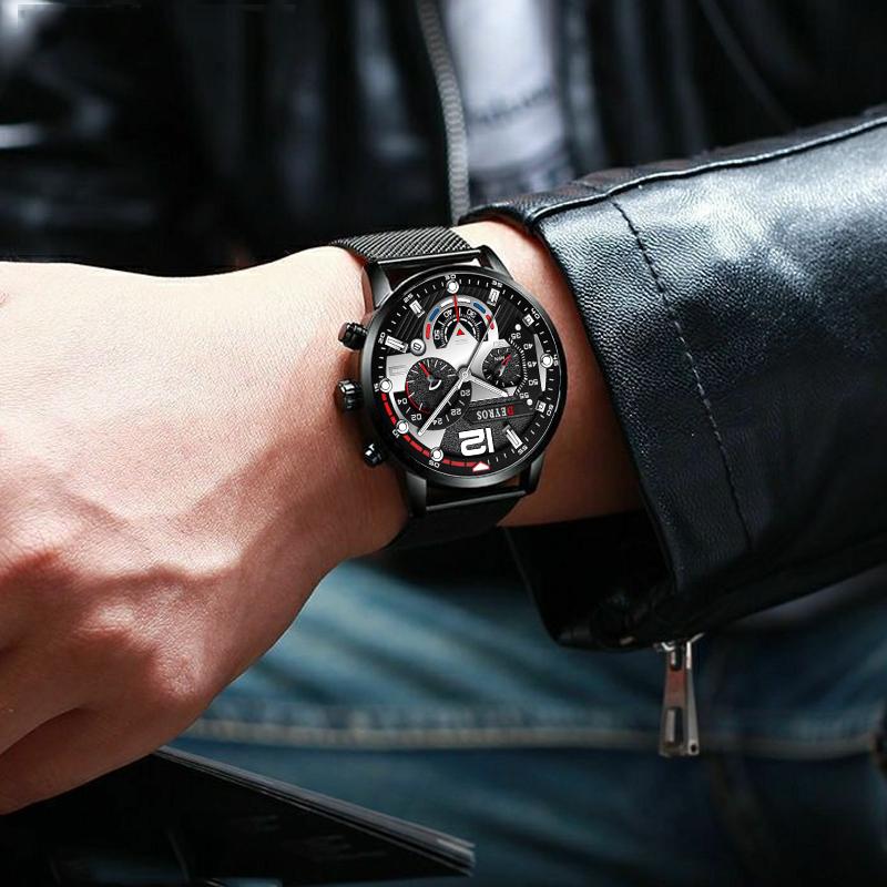 Fashion Black Stainless Steel Men Watches Calendar Quartz Wristwatches Luxury Mens Business Casual Watch Male Clock Gift Relojes Hombre