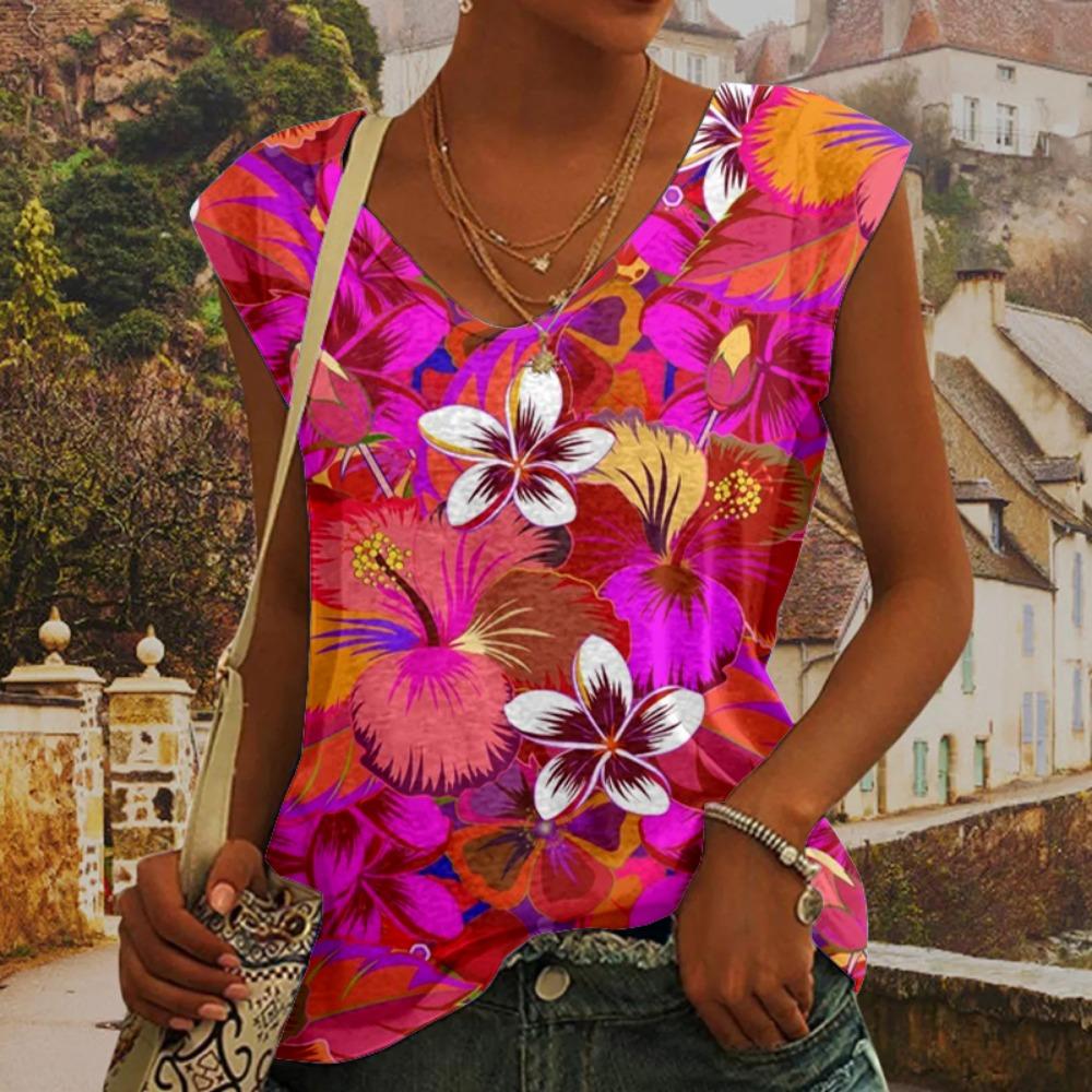 Летние цветные цветочные 3D-принты для женщин, уличные майки, свободный жилет с V-образным вырезом, без рукавов, женские майки