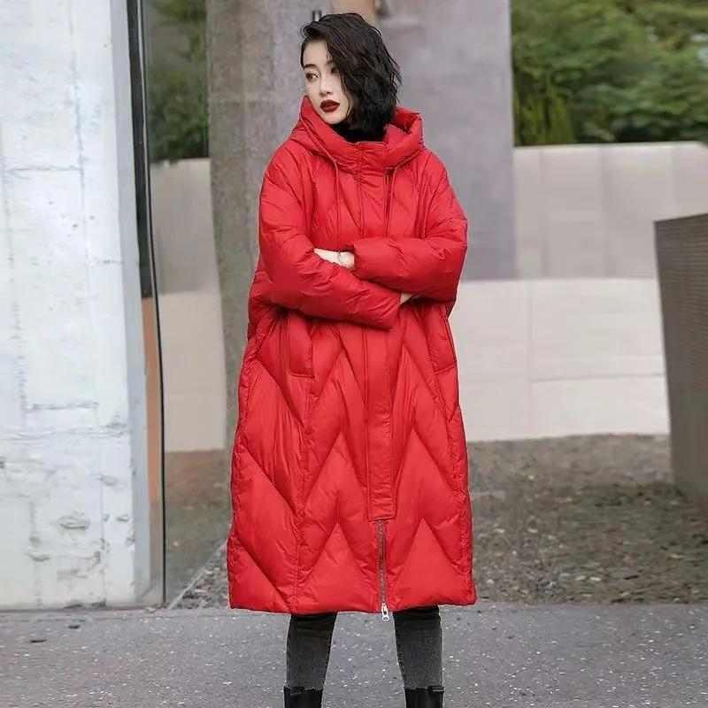 Зимняя женская утолщенная винтажная средняя свободная хлопковая длинная куртка на белом утином пуху женская куртка с капюшоном пуховик с перьями парки