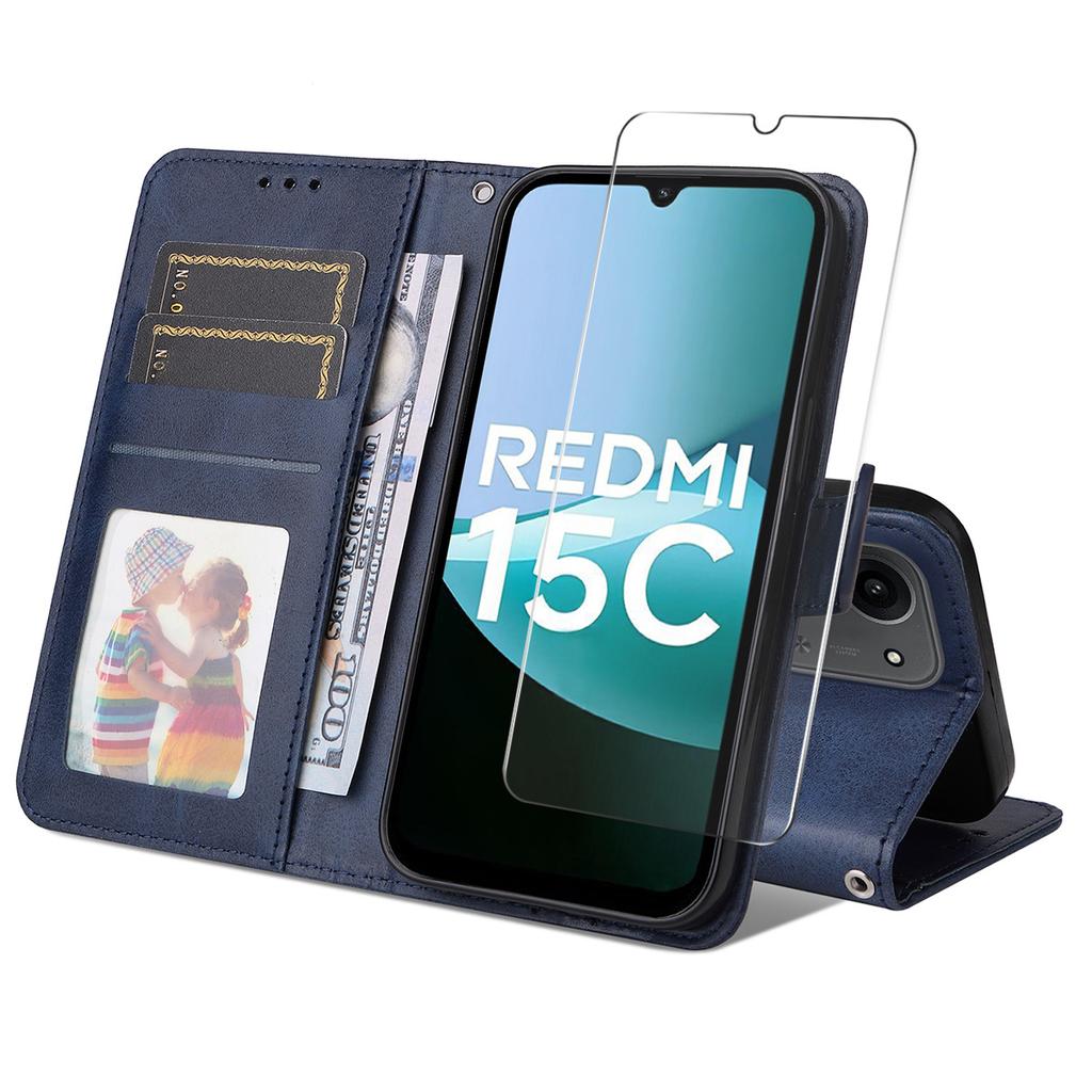 For Xiaomi 15C 4G (Global) (171mm)/Poco C85 4G PU Leather Wallet Case Phone Stand Cover with Tempered Glass