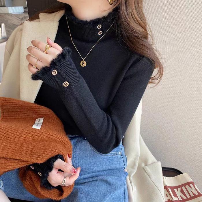 Women Fleece Sweater, Thickened One-piece Fleece Inner Layer, Half-turtle Collar Bottoming Shirt, Pullover, Stylish Knitted Warm Top