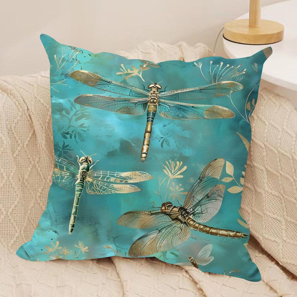 Retro Dragonfly Lotus Cushion Cover Short plush Doublesided Print Square Throw Pillow Covers Sofa Home Cushion Decor