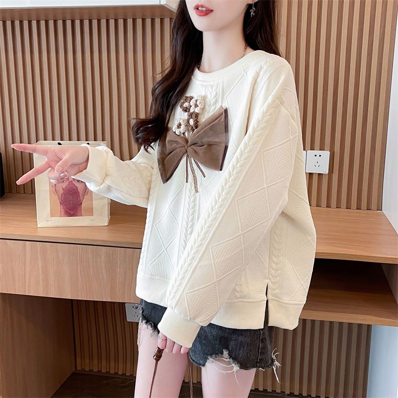 Женская корейская мода 3D цветок бант милый шикарный свитшот повседневная уличная одежда Y2K худи круглый вырез длинный рукав свободный пуловер топы