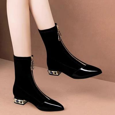 Женские блестящие ботильоны с пайетками, зимняя мода, заостренная молния спереди, стразы, квадратный каблук, короткие ботинки в стиле ретро для мотоциклистов