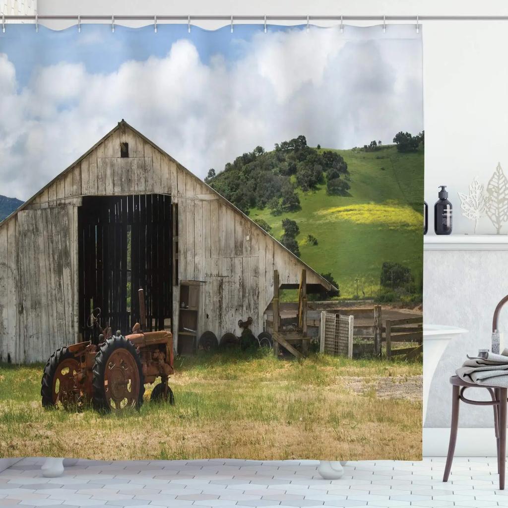 Rustic Shower Curtain Old Wooden Barn with Rusted Tractor Hillside Wooden Fence and Trees Cloth Fabric Bathroom Decor with Hooks