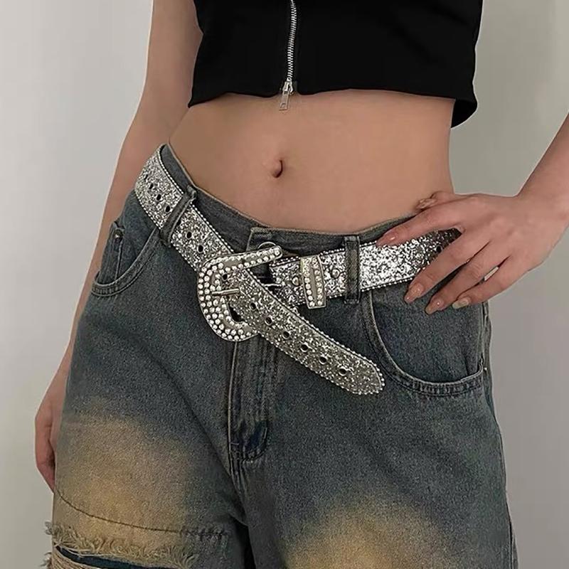 Y2K Women Fashion Solid Print Studded Full Rhinestone Belt Pu Leather Bling Crystal Adjustable Glitter Waistband For Club Party