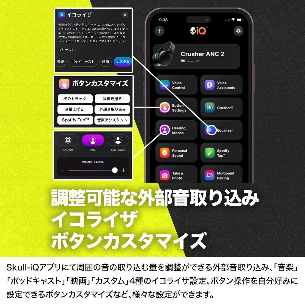 Official Skullcandy Store Crusher ANC2 Noise Cancelling Wireless Headphones with Deep and Original Sticker Bass, Subwoofer, Mic,