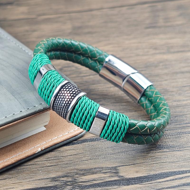 5 Colors Optional Men's Braided Leather & Stainless Steel Bracelet Beaded Charm Magnetic Buckle Casual Wristband for Daily Wear
