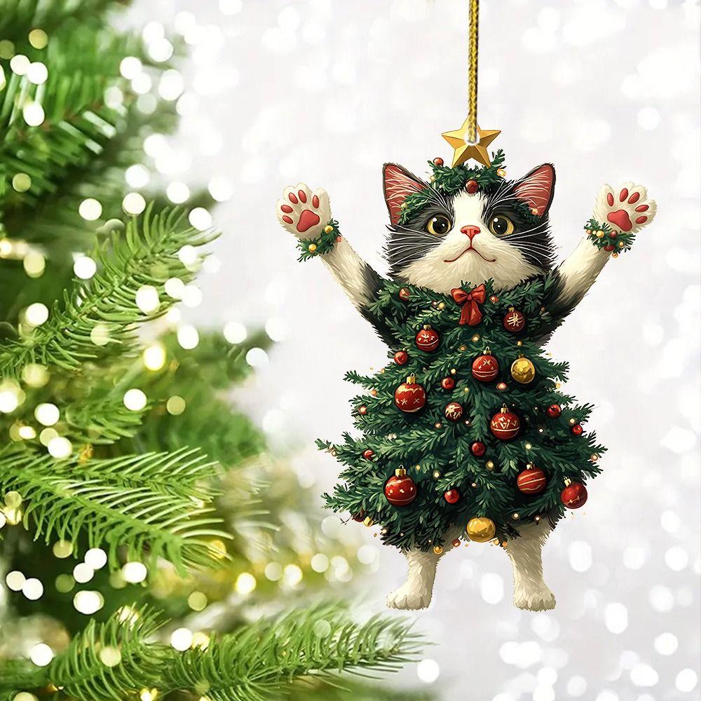 Cartoon Christmas Cat Pendant 2D Cat Hanging Ornaments Creative Xmas Tree Ornaments  Christmas Day