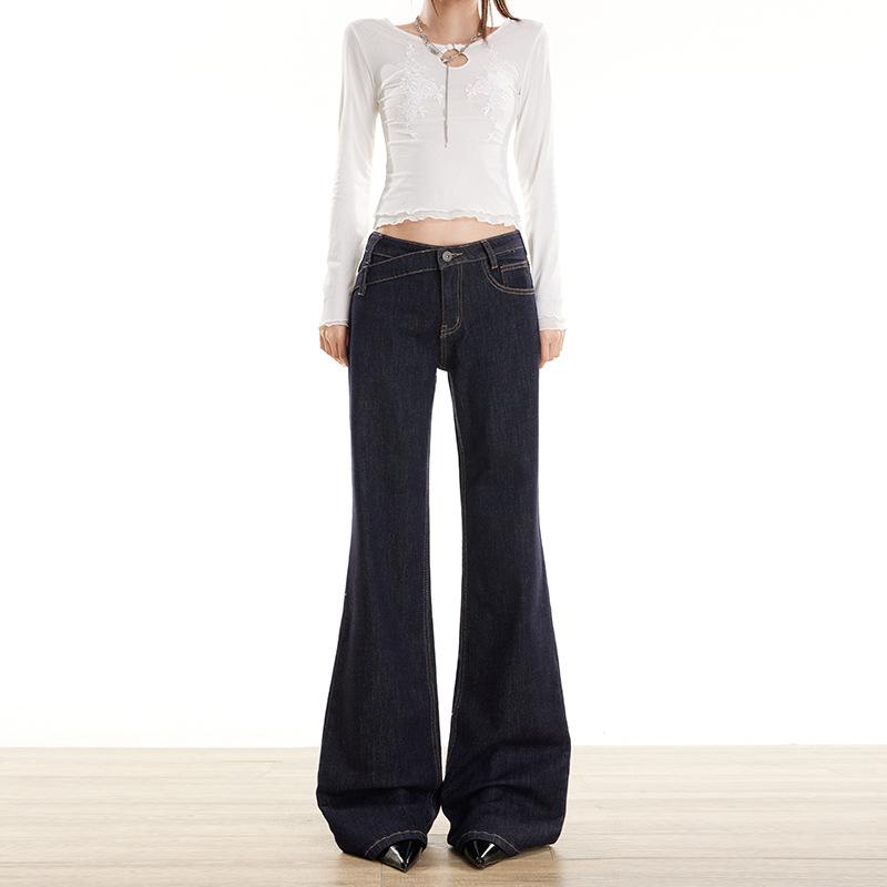 American dark blue primary color low waist micro pull jeans women's autumn and winter new hot girl loose and thin horn pants