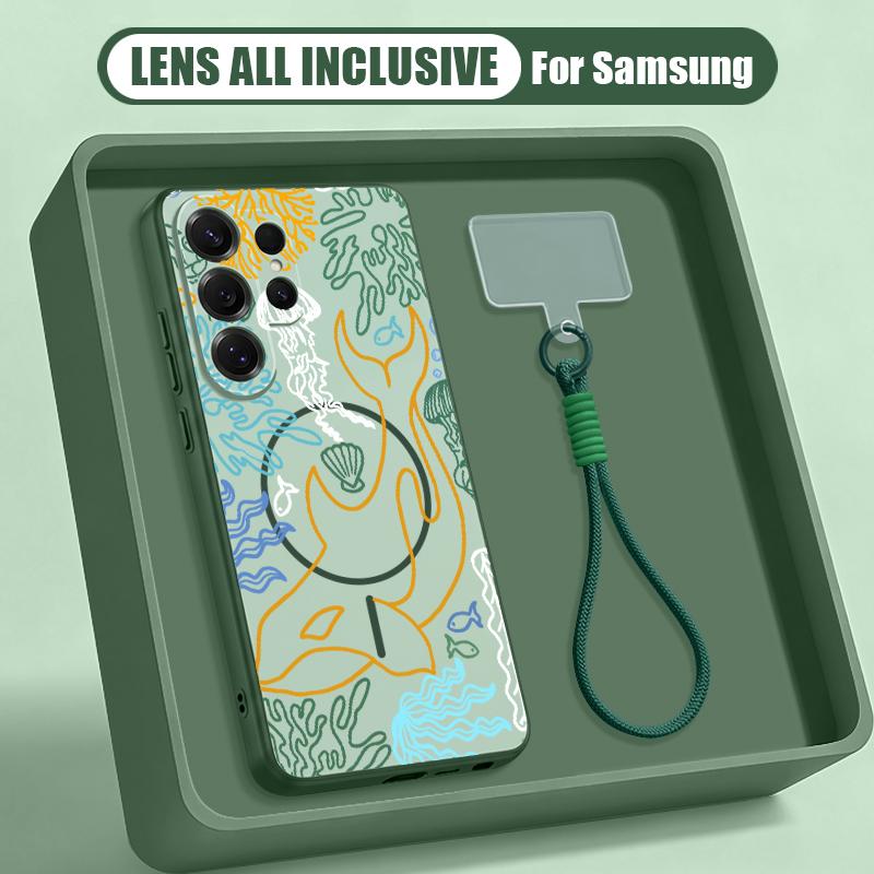 Модный Чехол в Океанском Стиле с Рисунком Китов Для Samsung S26 S25 Ultra S24 S23 FE S22 A15 A16 A17 A35 A36 A37 A54 A55 A56 A57 5G Гибридный Магнитный Матовый Чехол